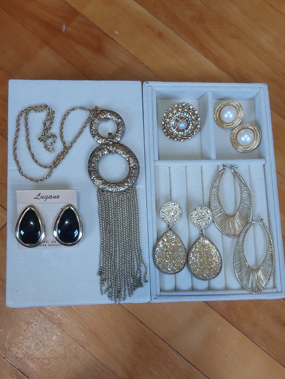 6pc Gold Tone Statement Jewelry Lot Pearl Ring Tassel Necklace Earrings